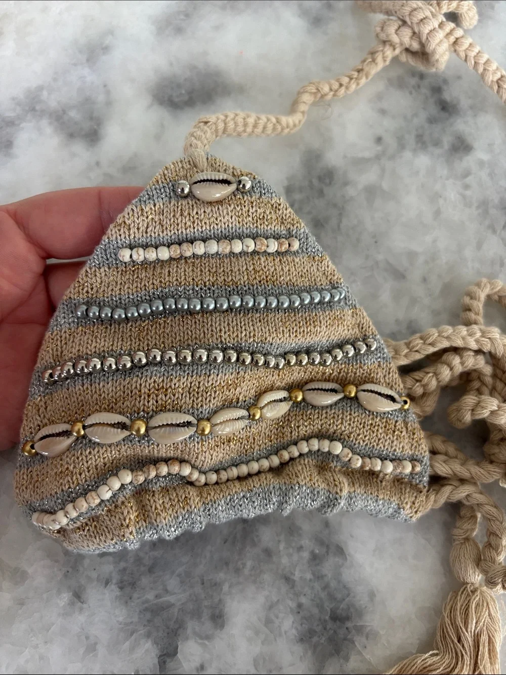 Handmade Beaded Shell Crochet Bikini Top - Beige